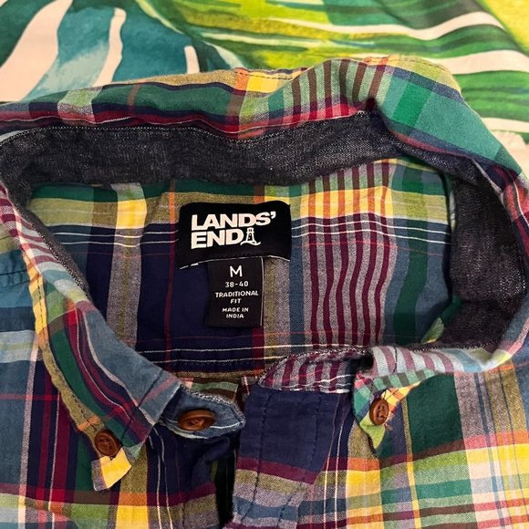 Lands’ End Mens M Green Blue Preppy Outdoor Spring Summer Vacation Plaid Shirt - Picture 7 of 11